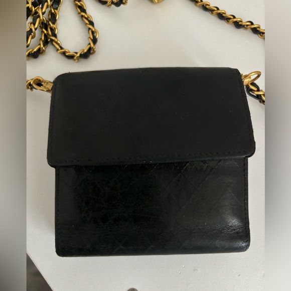 Chanel Camelia  Black VTG  Mini Trifold Wallet On A Chain Gold Adjustable Chain - Picture 10 of 13